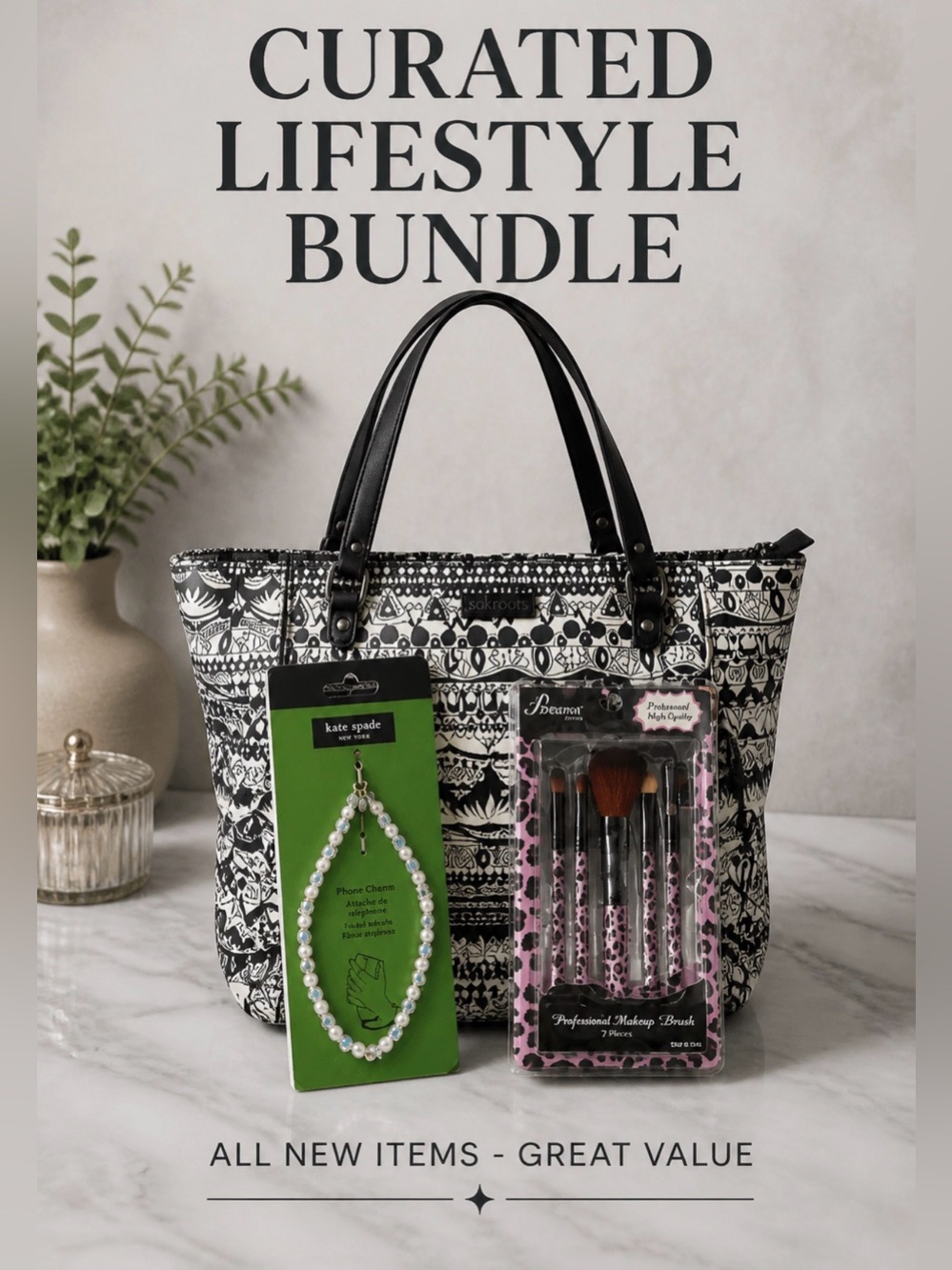 Black & White Patterned Tote Bag - Curated Lifestyle Bundle